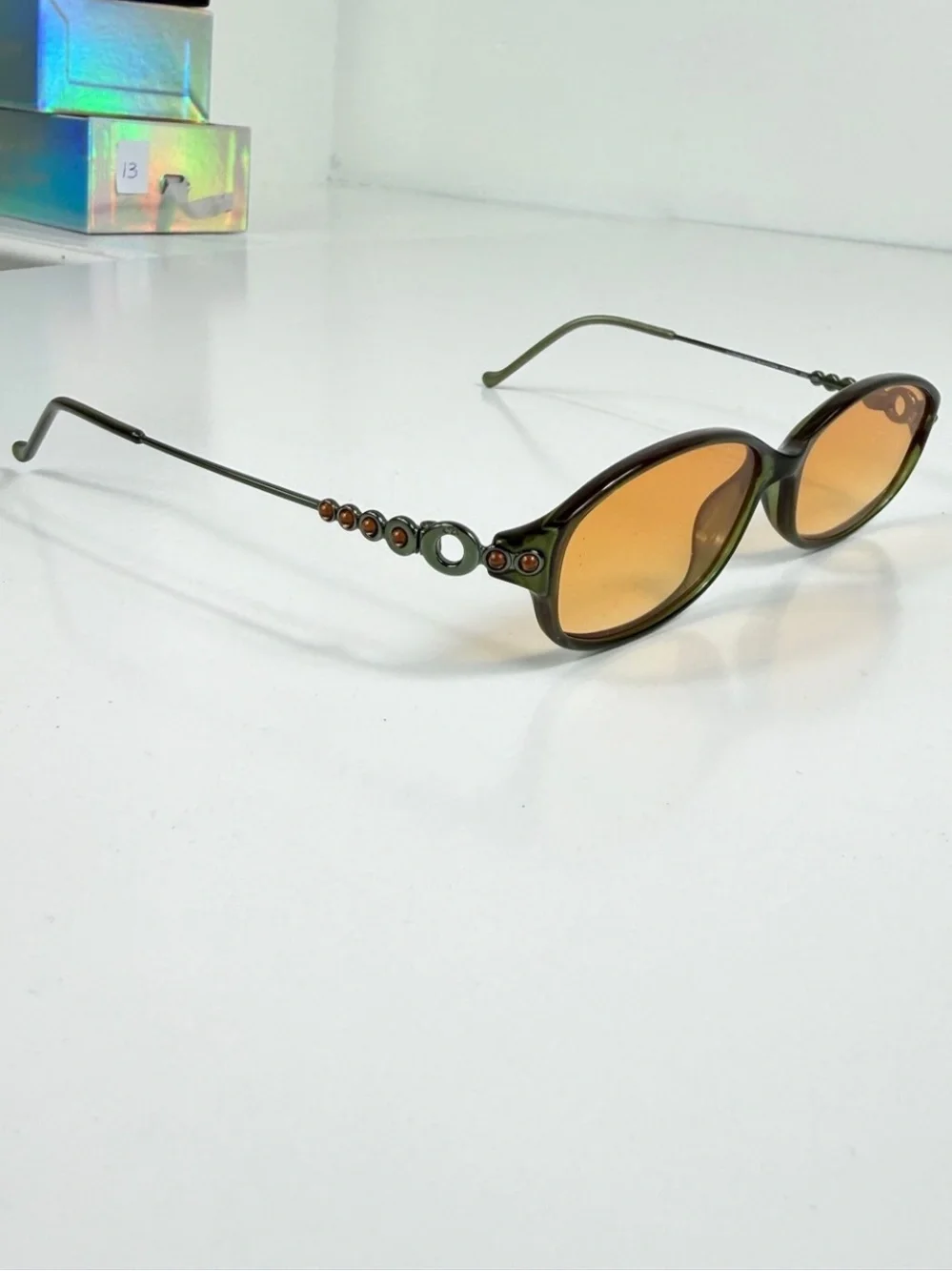 Vintage Dior CD 3033 Green Orange Cabochon Gem Sunglasses Custom Orange Lens Set